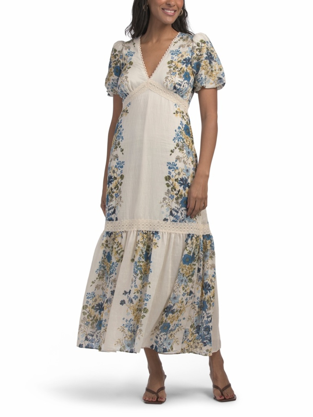 Taylor Cream Maxi Dress with Blue & Olive Floral Print